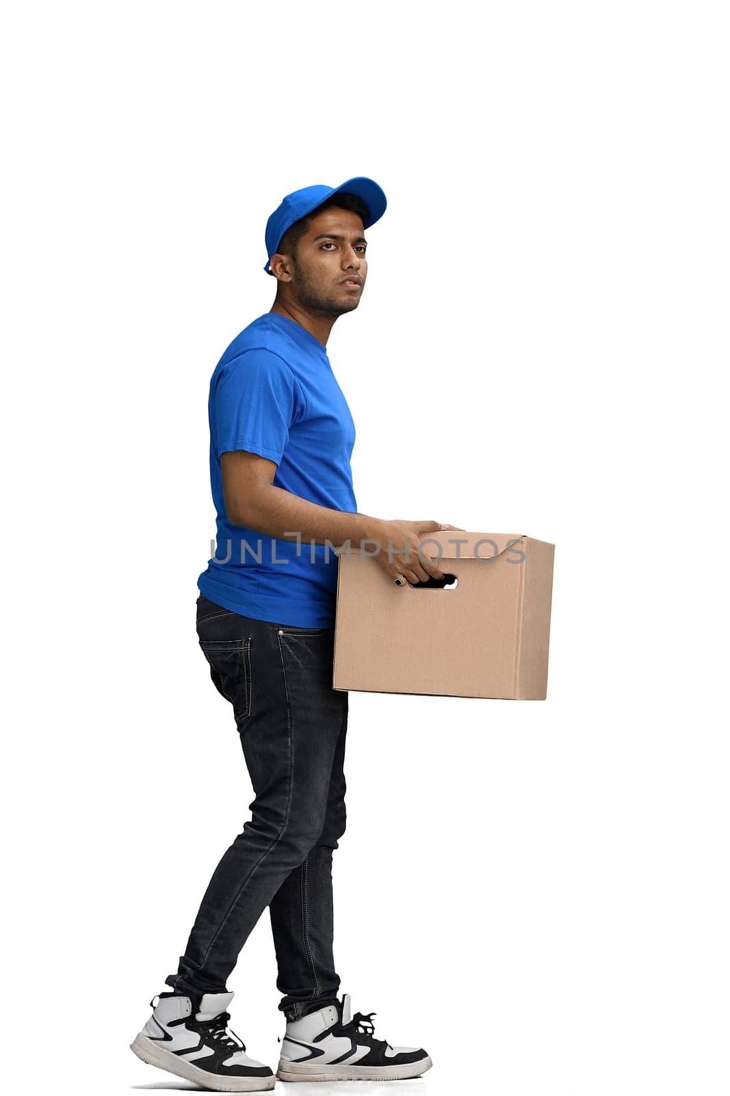 A man on a white background give box.