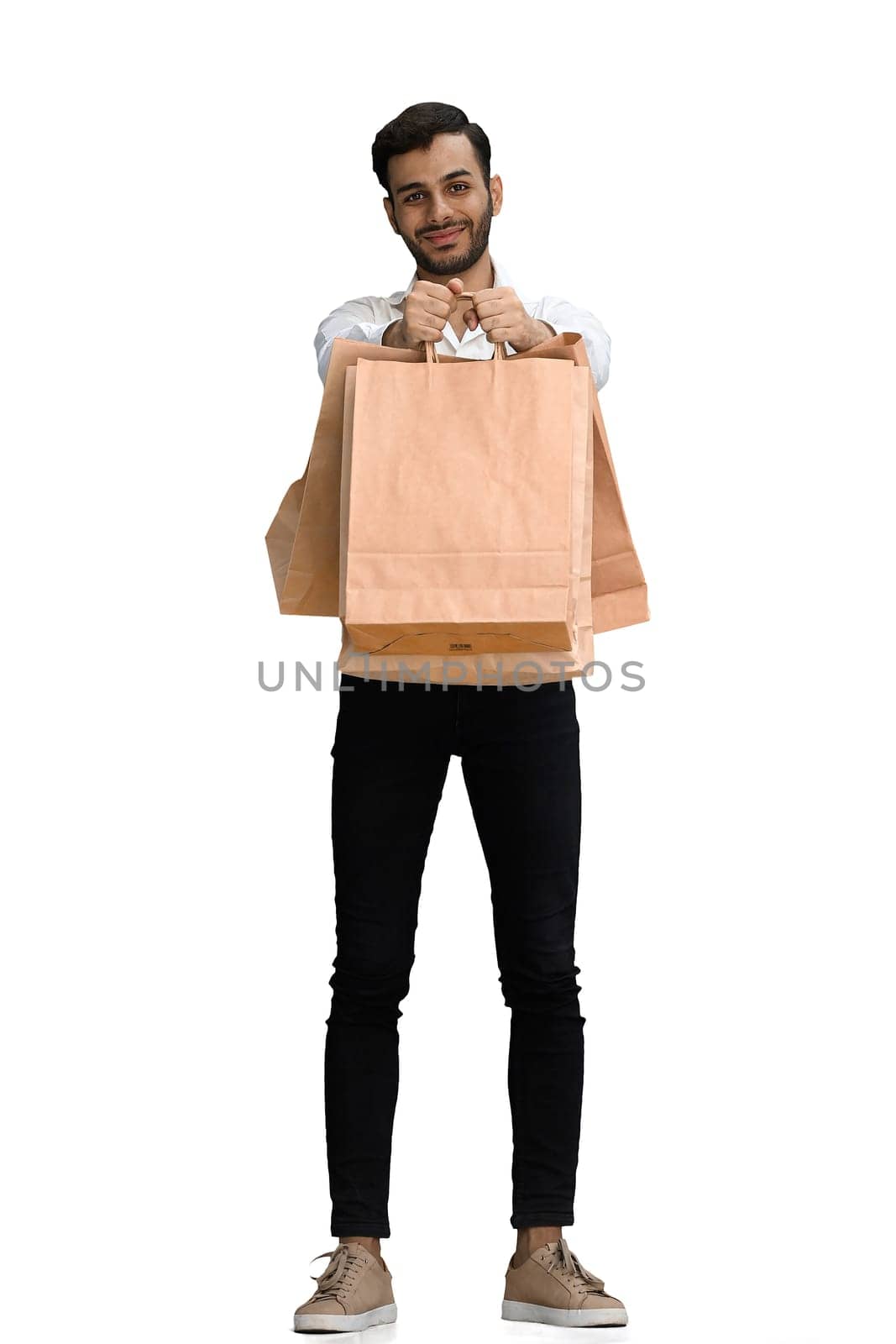 Man on a white background with shoppers.