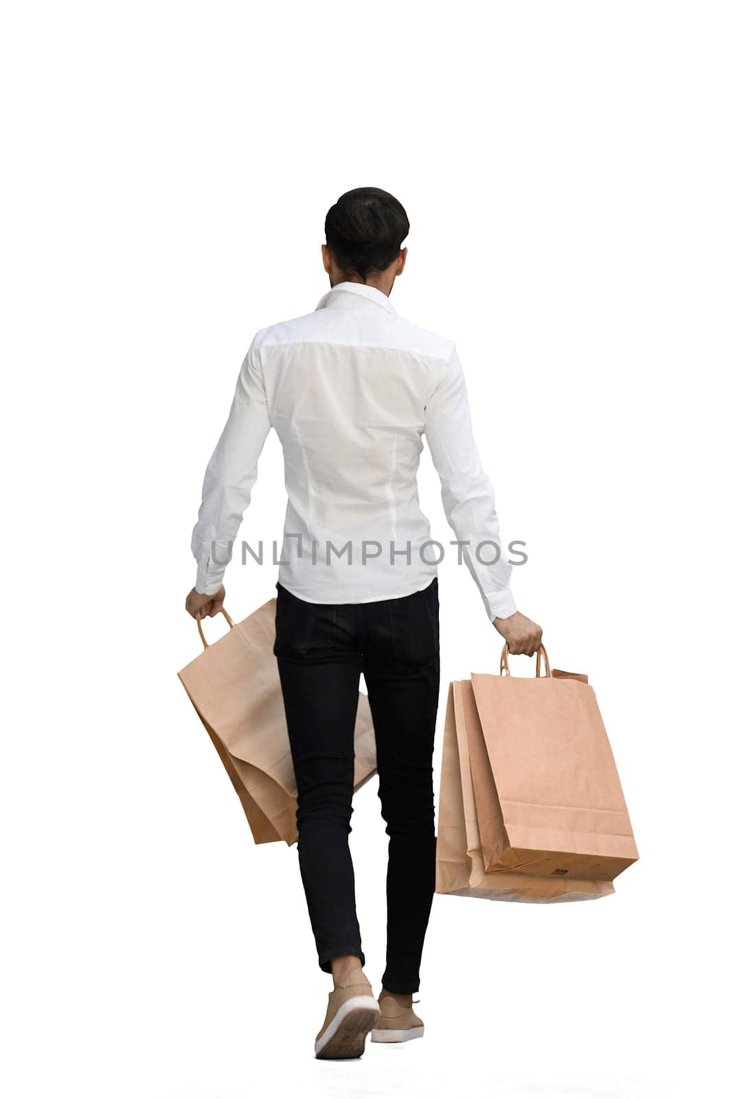 Man on a white background with shoppers, back view.