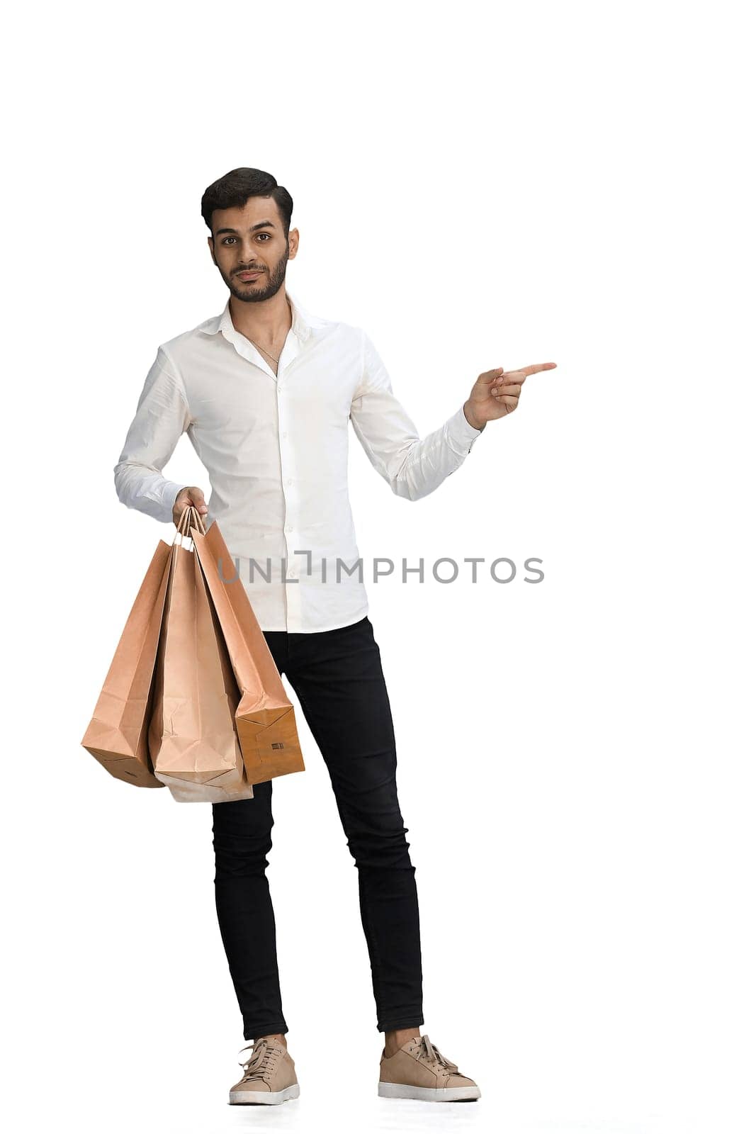 Man on a white background with shoppers point side by Prosto