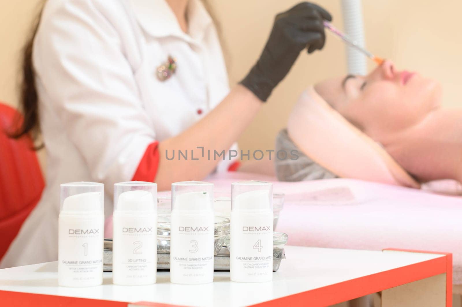 Ivano-Frankivsk, Ukraine May 17, 2023: Cosmetology products for the carboxytherapy procedure, a cosmetologist's office and conducting a cosmetology procedure for the face.