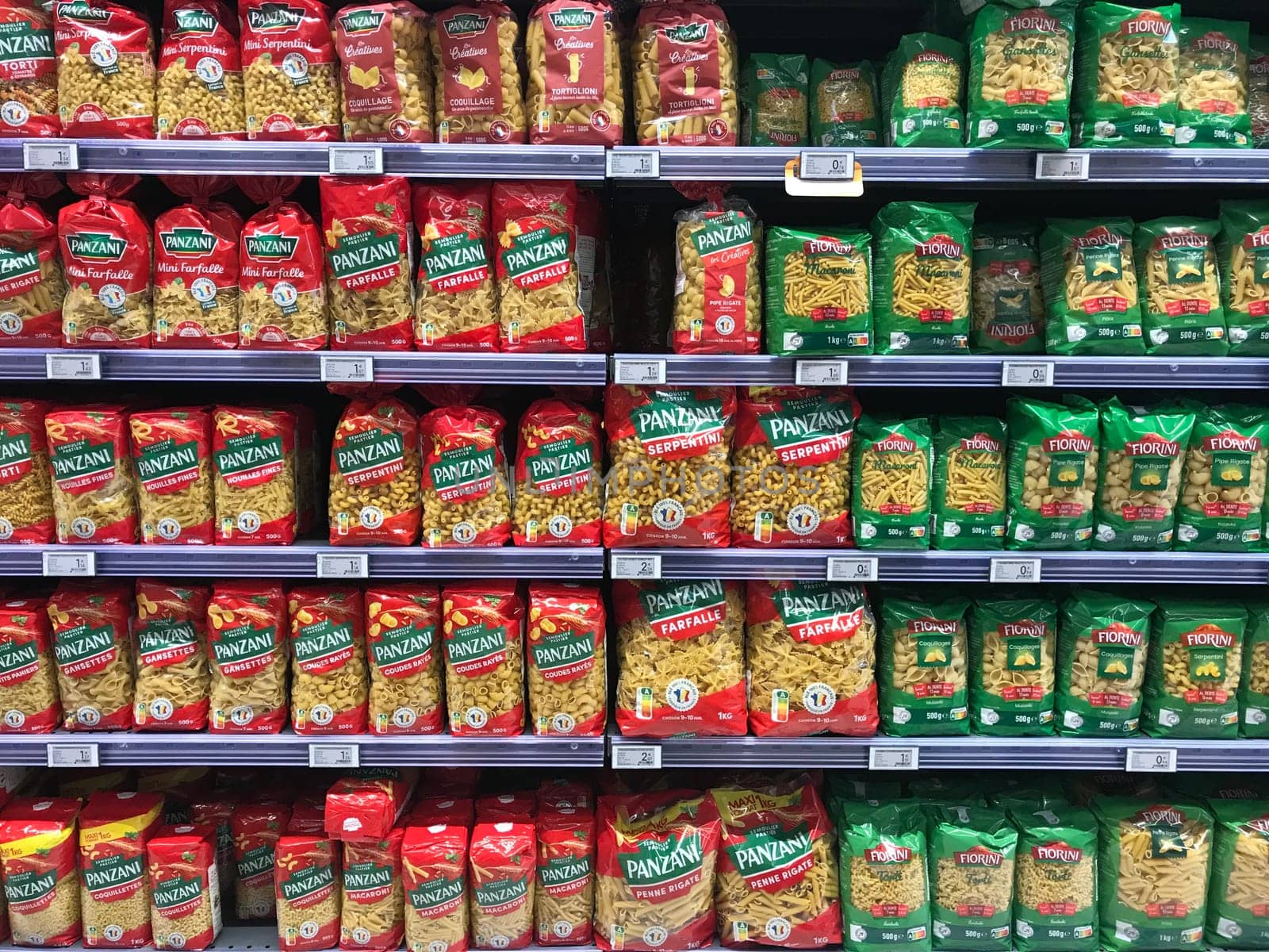 FRANCE, BORDEAUX, February, 2, 2024: Pasta packing on a shelf in a supermarket. is suitable for presenting new packaging among many others. High quality photo