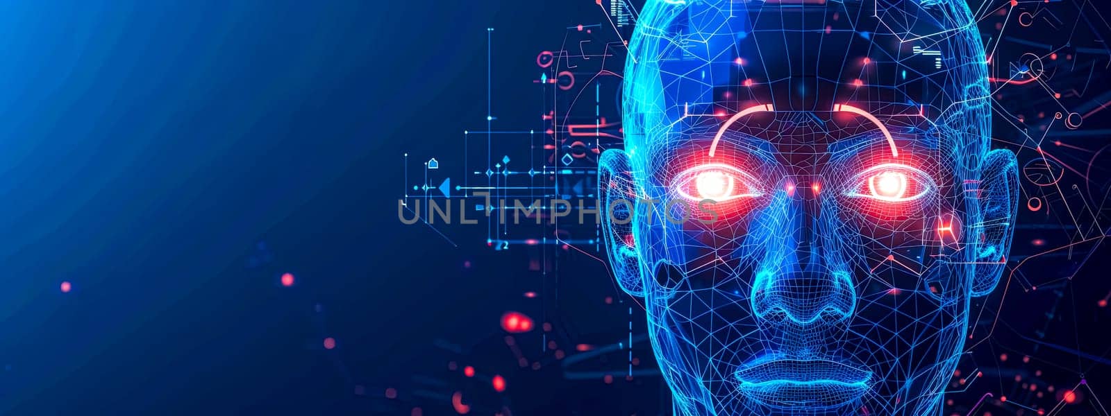 Futuristic Artificial Intelligence Humanoid Face with Neon Glowing Eyes in Digital Network. copy space