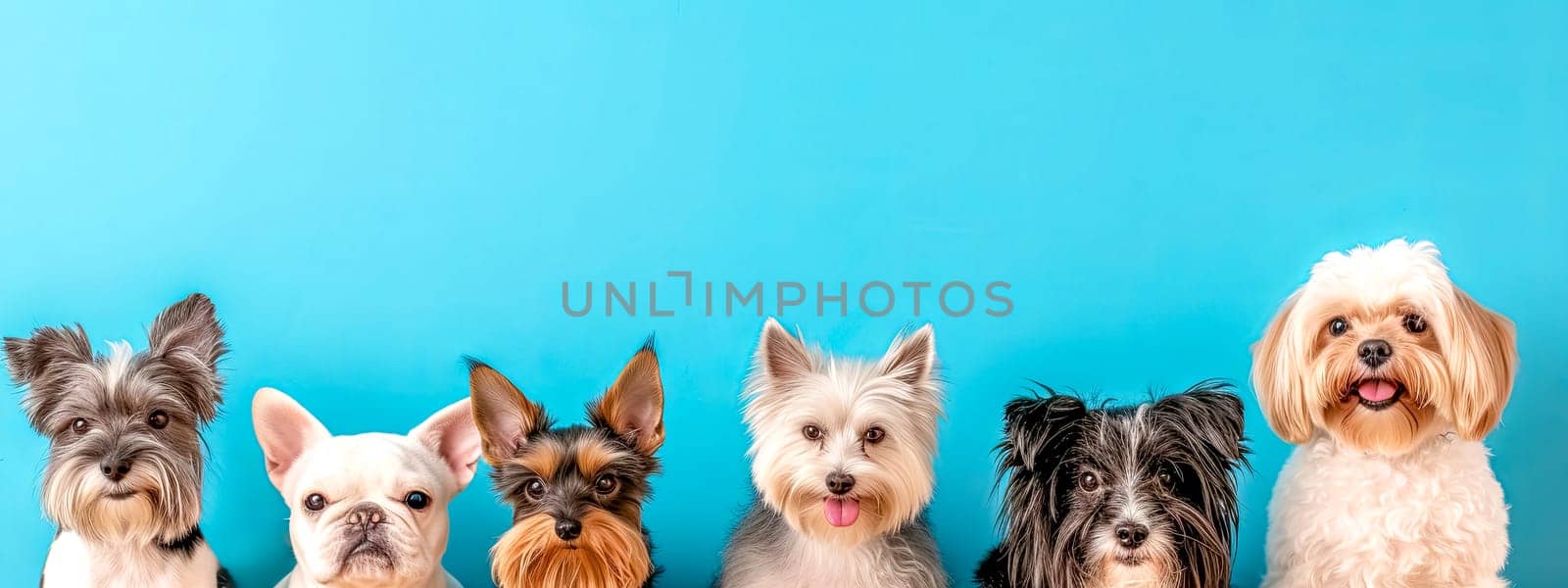 Adorable Group of Small Dog Breeds Posing Together on Blue Background.