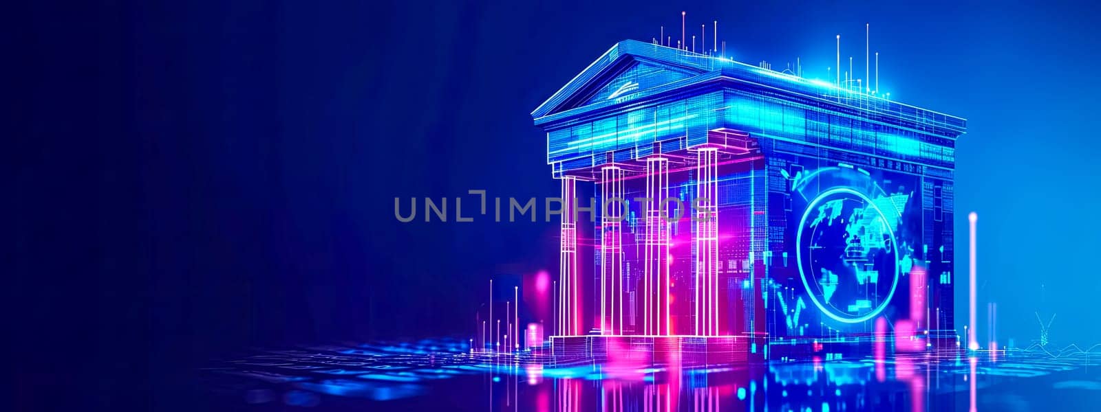 Futuristic Cybernetic Building in Neon Hues - Digital Technology and Virtual Reality Concept. copy space