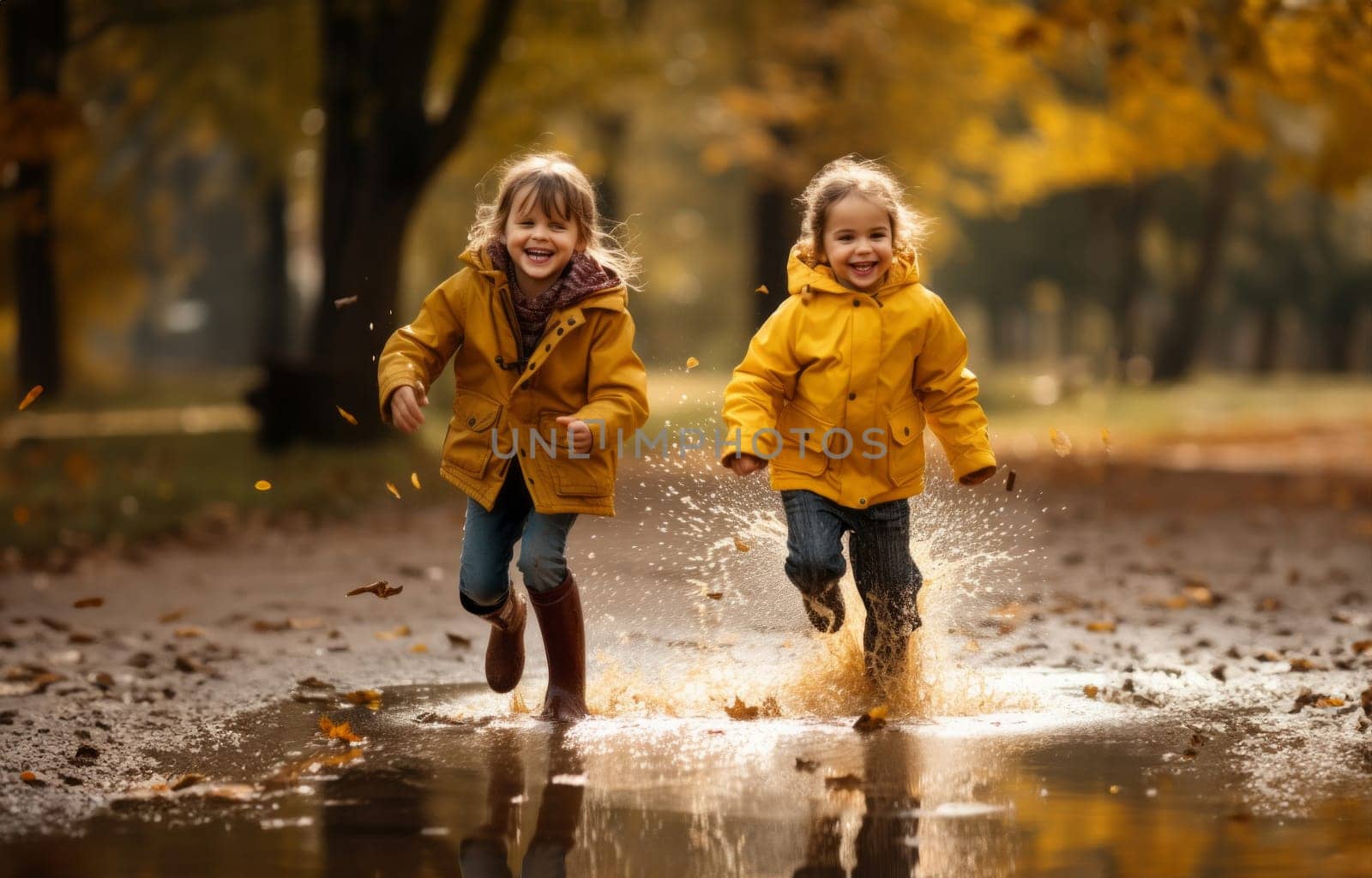 Against the backdrop of a rainy autumn day, two adorable little girls joyfully dash through puddles, their laughter echoing the pure delight of carefree childhood adventures.Generated image.