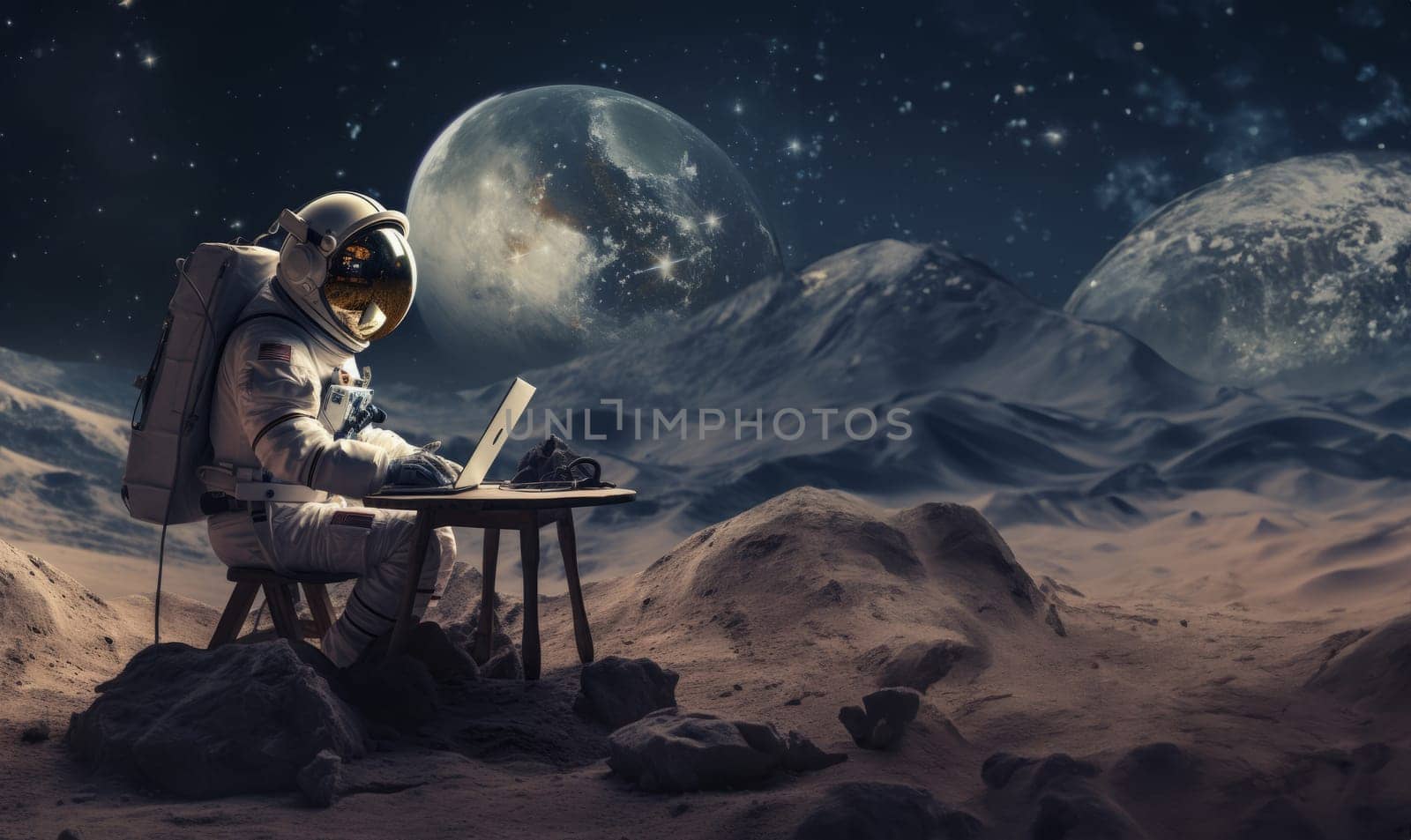 An astronaut utilizes a computer on Mars during the serene Martian night, with the moon visible in the cosmic sky, symbolizing the ongoing exploration of the Red Planet.Generated image by dotshock
