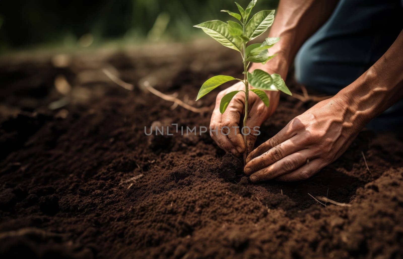 hands from a close-knit community come together to plant a young sapling, symbolizing collective growth, environmental stewardship, and the nurturing bond between people and nature.Generated image.