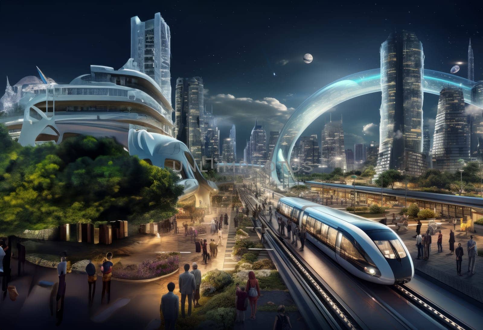 A representation of a futuristic city with modern trains, futuristic streets and cities.Generated image.