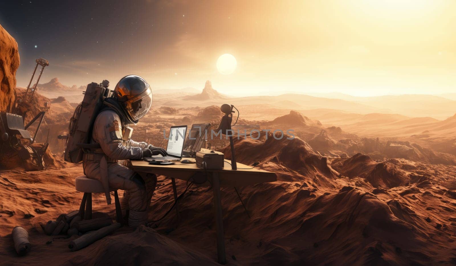 An astronaut on Mars utilizes a laptop during the enchanting sunset, blending the realms of technology and exploration on the red planet, symbolizing the cosmic connection between human innovation and the extraterrestrial landscape.Generated image by dotshock
