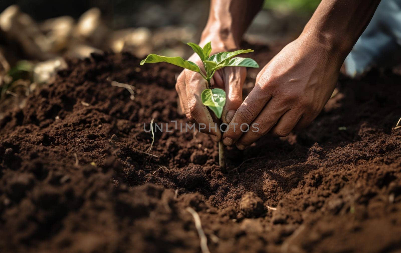 hands from a close-knit community come together to plant a young sapling, symbolizing collective growth, environmental stewardship, and the nurturing bond between people and nature.Generated image.