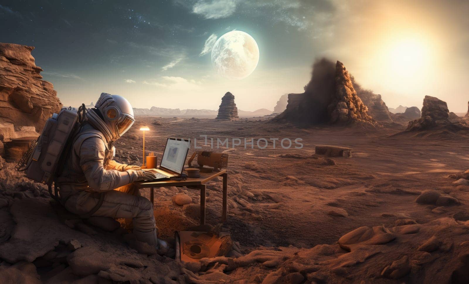 An astronaut on Mars utilizes a laptop during the enchanting sunset, blending the realms of technology and exploration on the red planet, symbolizing the cosmic connection between human innovation and the extraterrestrial landscape.Generated image.