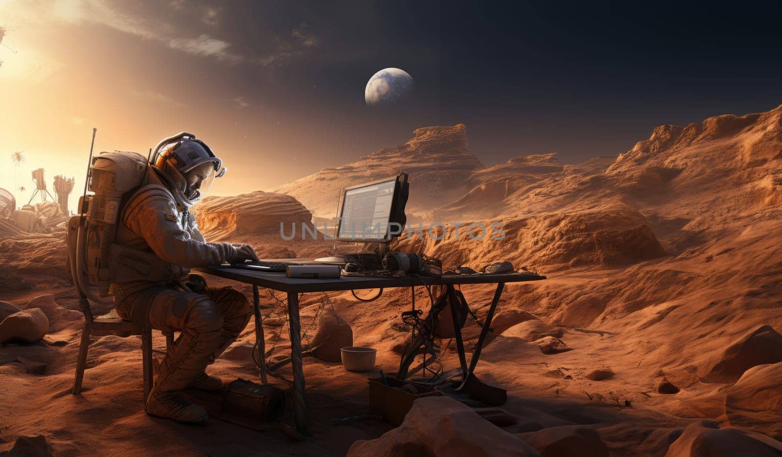 An astronaut on Mars utilizes a laptop during the enchanting sunset, blending the realms of technology and exploration on the red planet, symbolizing the cosmic connection between human innovation and the extraterrestrial landscape.Generated image.