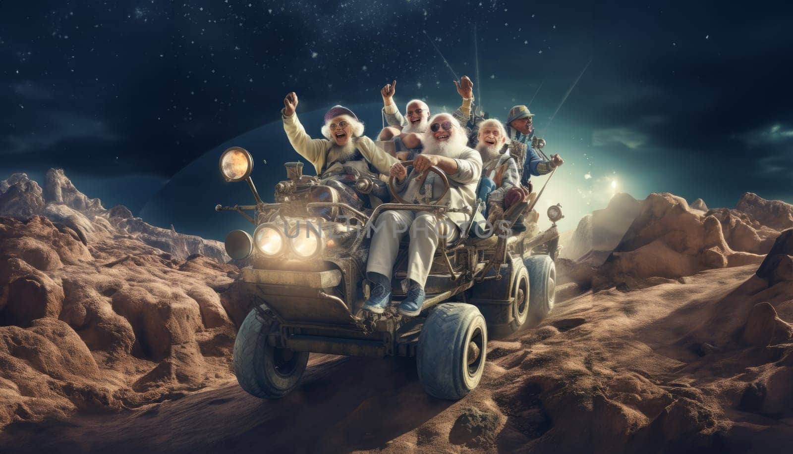 A group of seasoned astronauts traverses the Martian terrain in a state-of-the-art rover, embodying a blend of wisdom and futuristic exploration as they navigate the red planet, symbolizing the convergence of age and advanced technology in the quest for interplanetary discovery.Generated image.