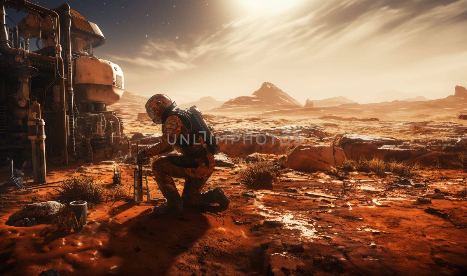 An astronaut on Mars utilizes a laptop during the enchanting sunset, blending the realms of technology and exploration on the red planet, symbolizing the cosmic connection between human innovation and the extraterrestrial landscape.Generated image by dotshock