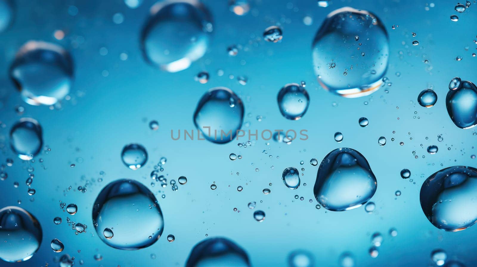 Refreshing Bliss: A Closeup Macro View of Clear Water Drops on Smooth Glass Surface, Creating a Calm and Clean Blue Ripple Pattern by Vichizh