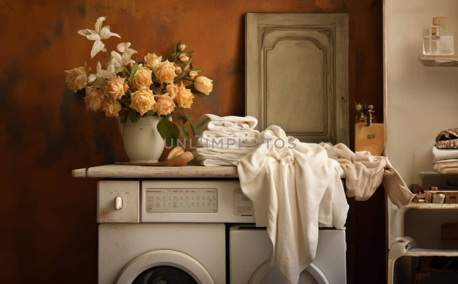 In a modern laundry setting, the washing machine stands ready amidst neatly arranged clothes, embodying efficiency and convenience as it awaits the commencement of a cycle, capturing the essence of contemporary fabric care in a domestic space by dotshock