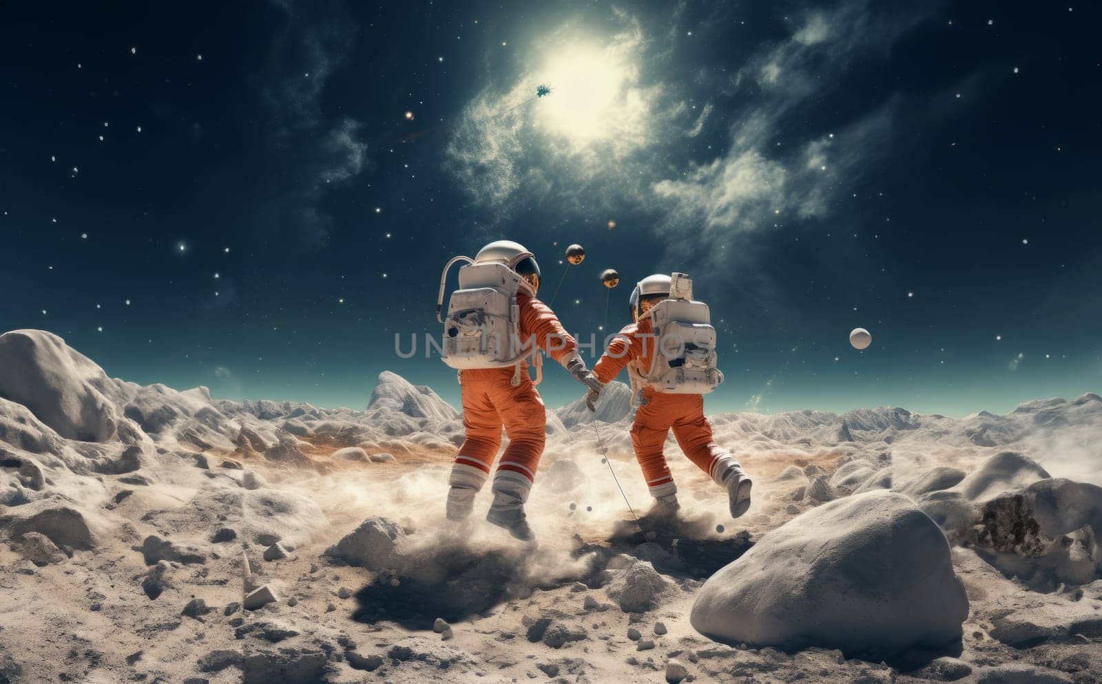 a group of friends revels in cosmic joy, creating unforgettable memories as they play and laugh together on the surreal surface of the moon, embodying the spirit of extraterrestrial camaraderie and lunar exploration.