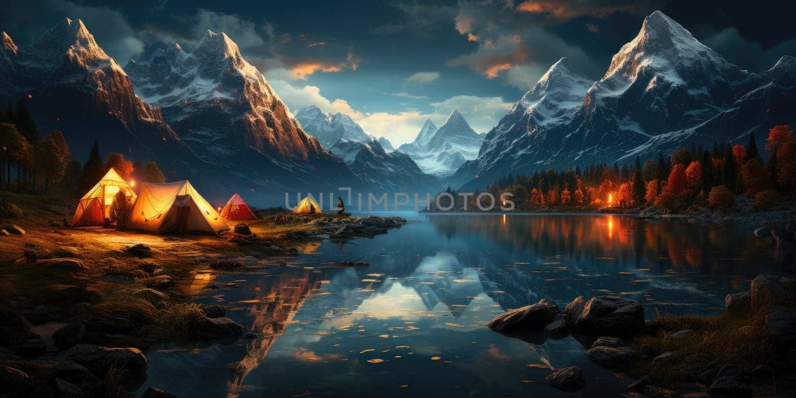 Adventures Camping tourism and tent and car next to the lake. Landscape outdoor in morning by Benzoix