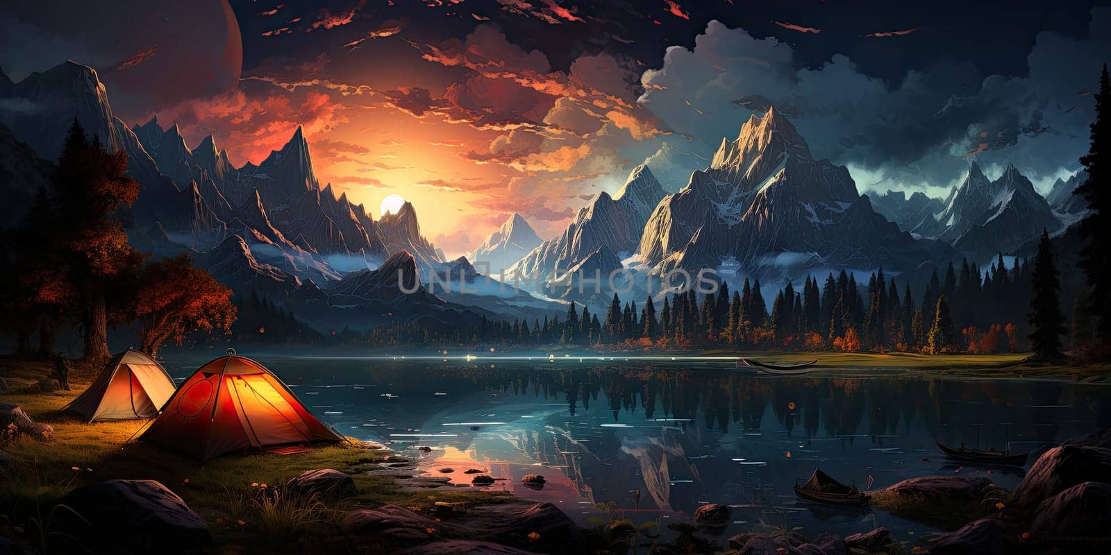 Adventures Camping tourism and tent and car next to the lake. Landscape outdoor in morning.
