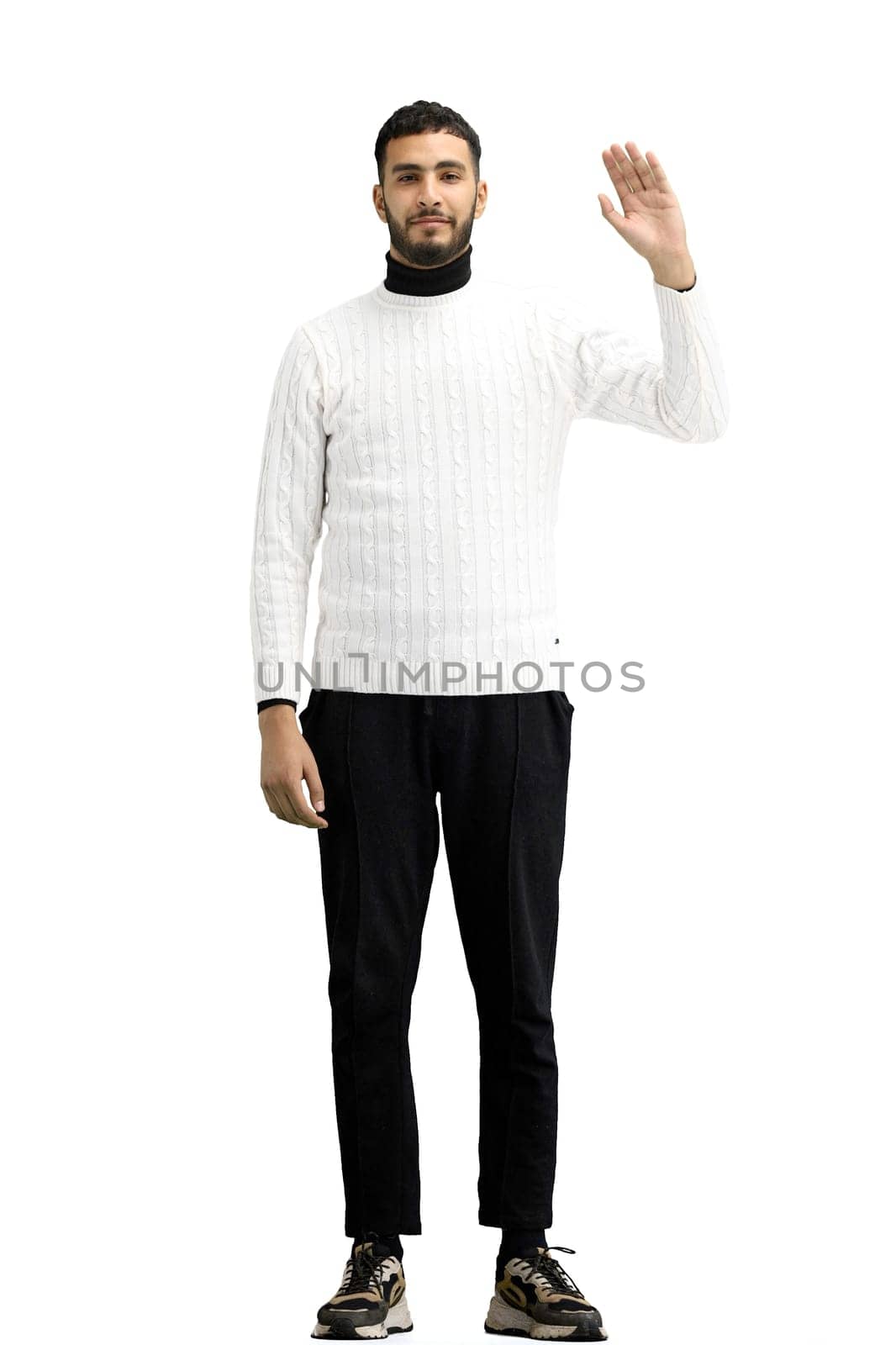 A man, full-length, on a white background, waving his hand by Prosto