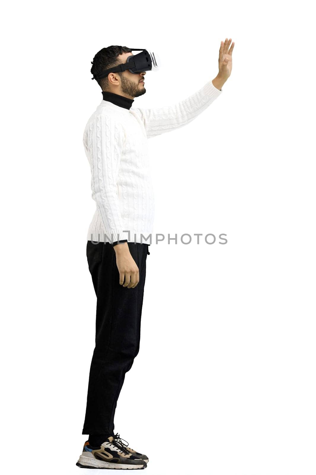 Man, full-length, on a white background, wearing VR glasses by Prosto