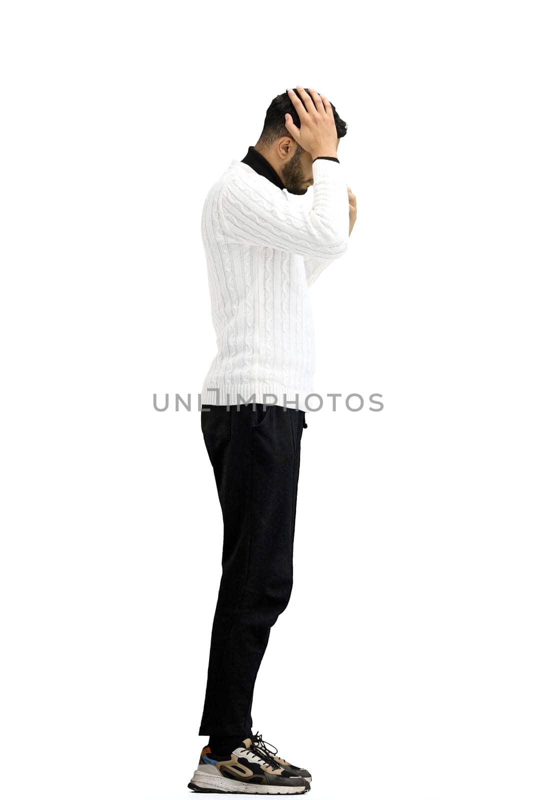 A man, full-length, on a white background, clutched his head by Prosto