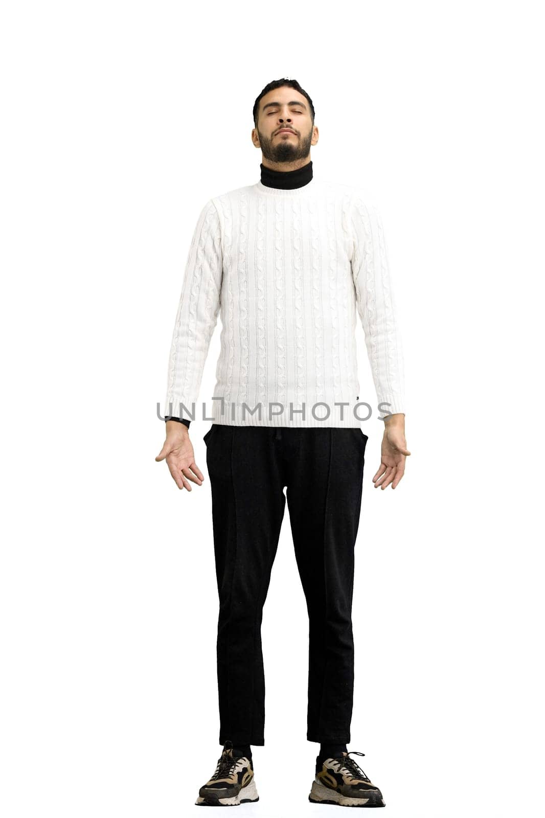 A man, full-length, on a white background, spreads his arms by Prosto