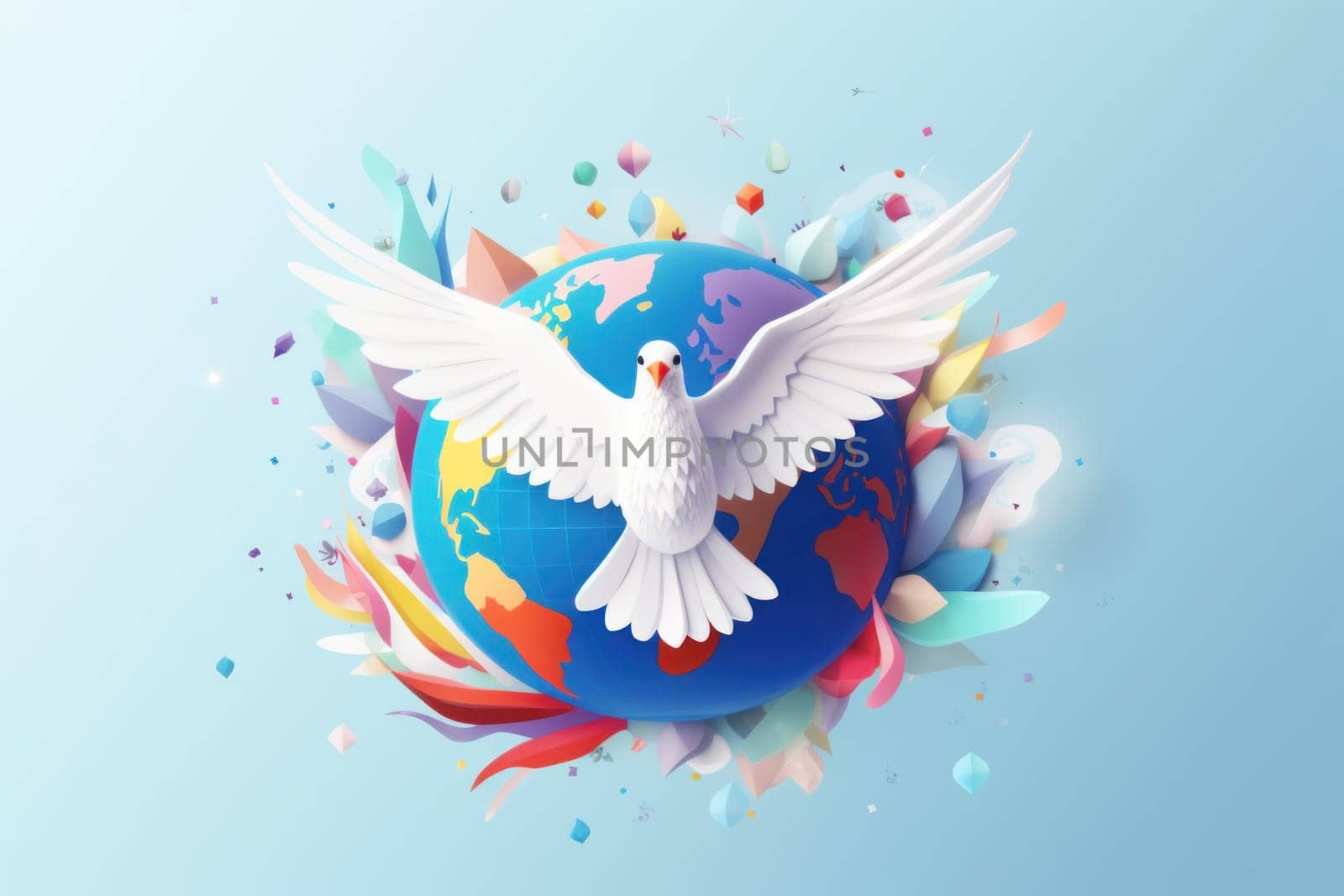 The symbol is the dove logo for World Peace Day. Generative AI.