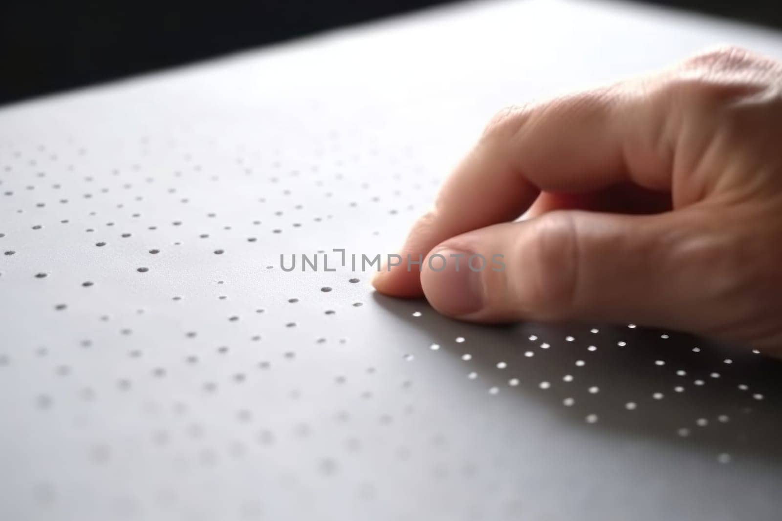 Hand of a blind person reading some braille text touching the relief.