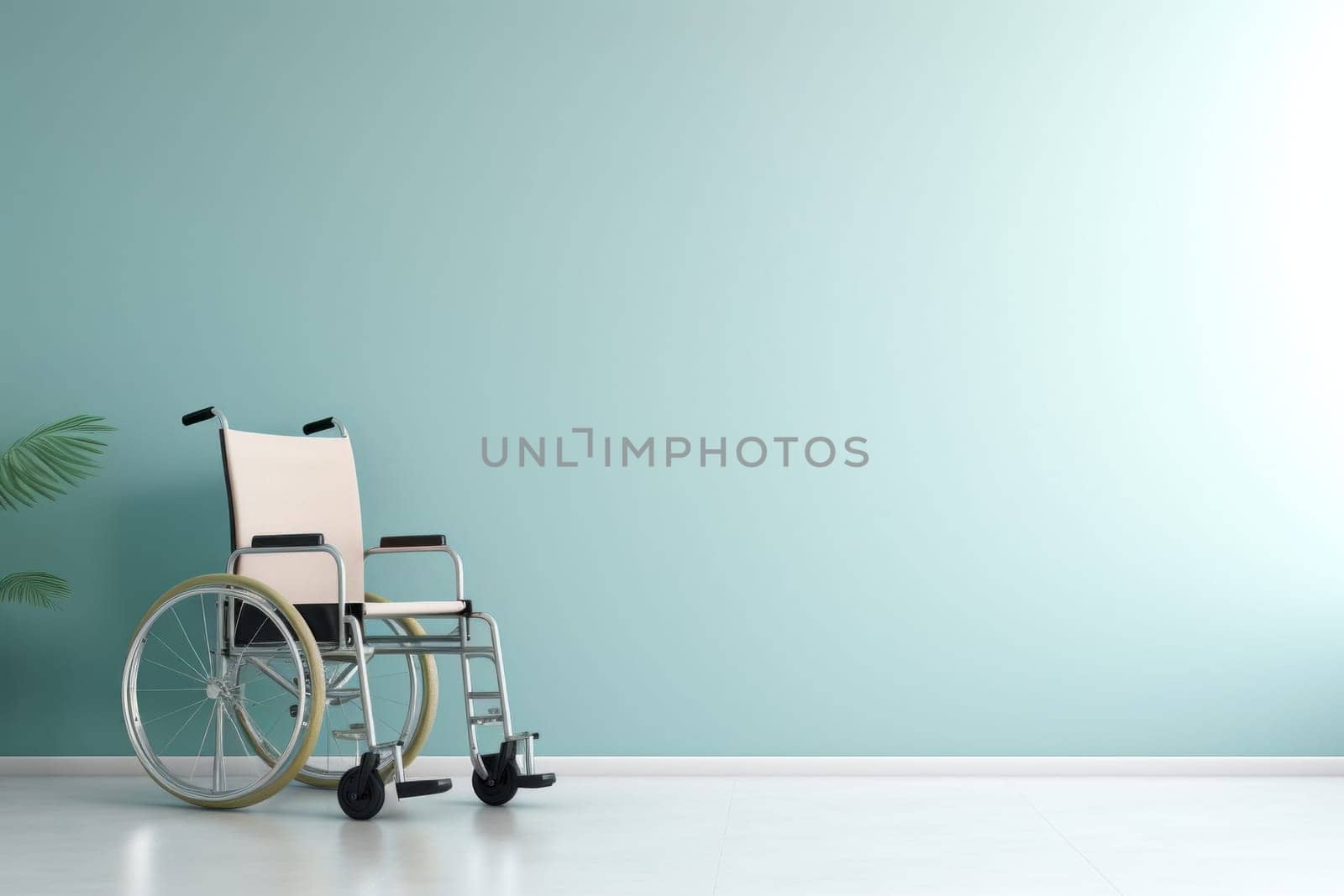 Wheelchair in the hospital with light copy space on left area.