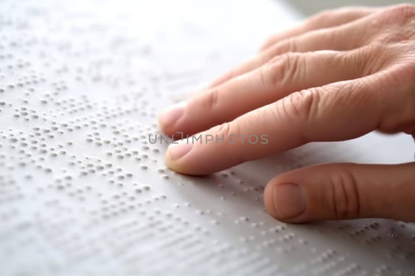 Hand of a blind person reading some braille text touching the relief.