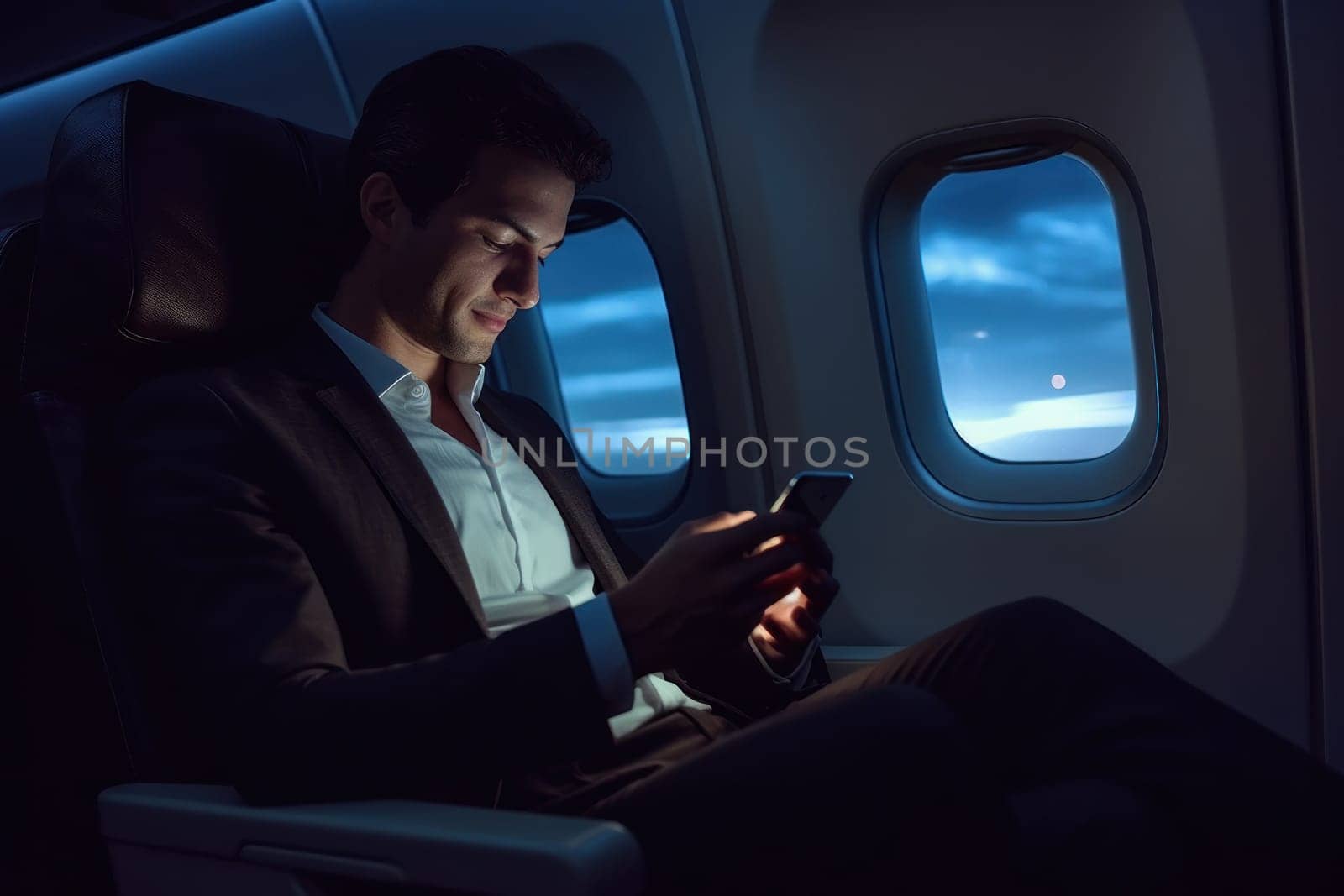 Portrait businessman sitting using smart phone inside airplane near the window, AI Generative by nijieimu