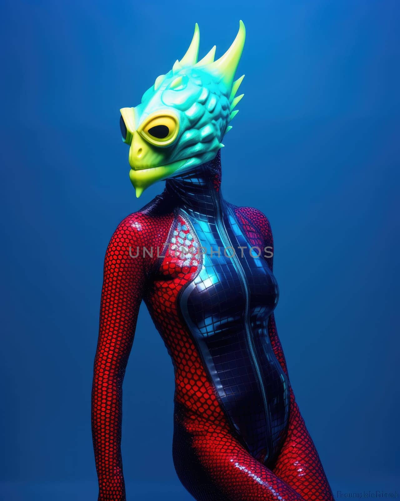 Portrait of a lizard woman.  Reptiloid humanoid. Reptiloid as a science fiction character or the concept of reptiloid conspiracy theory. Reptilian humanoid