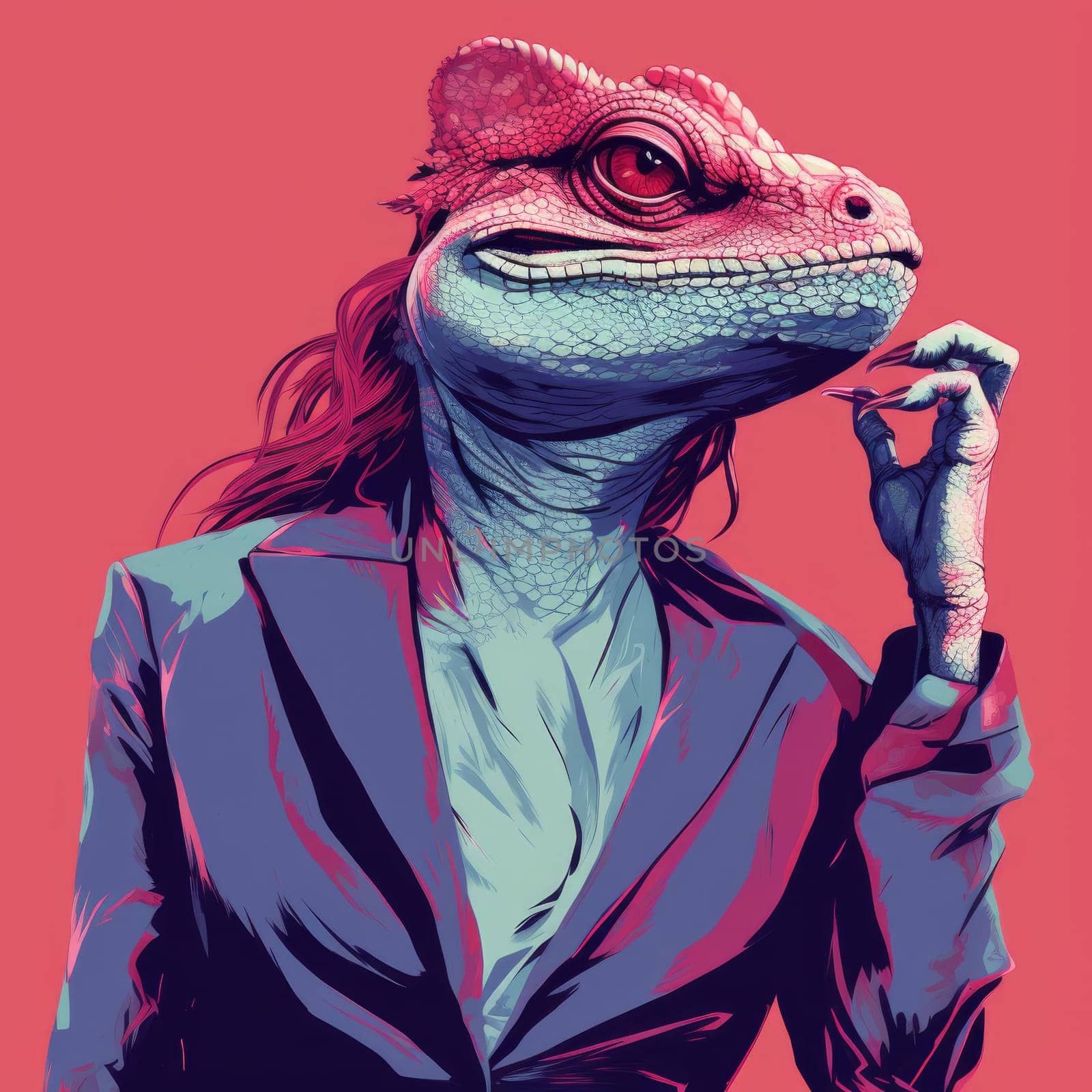 Portrait of a lizard woman.  Reptiloid humanoid. Reptiloid as a science fiction character or the concept of reptiloid conspiracy theory. Reptilian humanoid