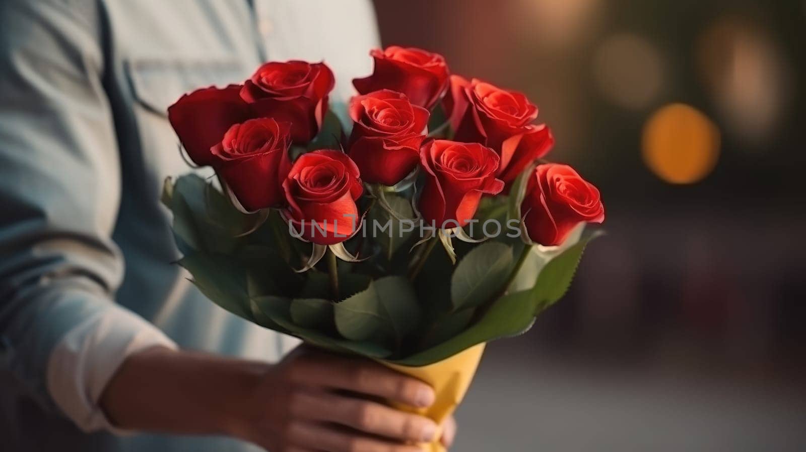 Man with red roses bouquet, Valentines Day, AI Generative.