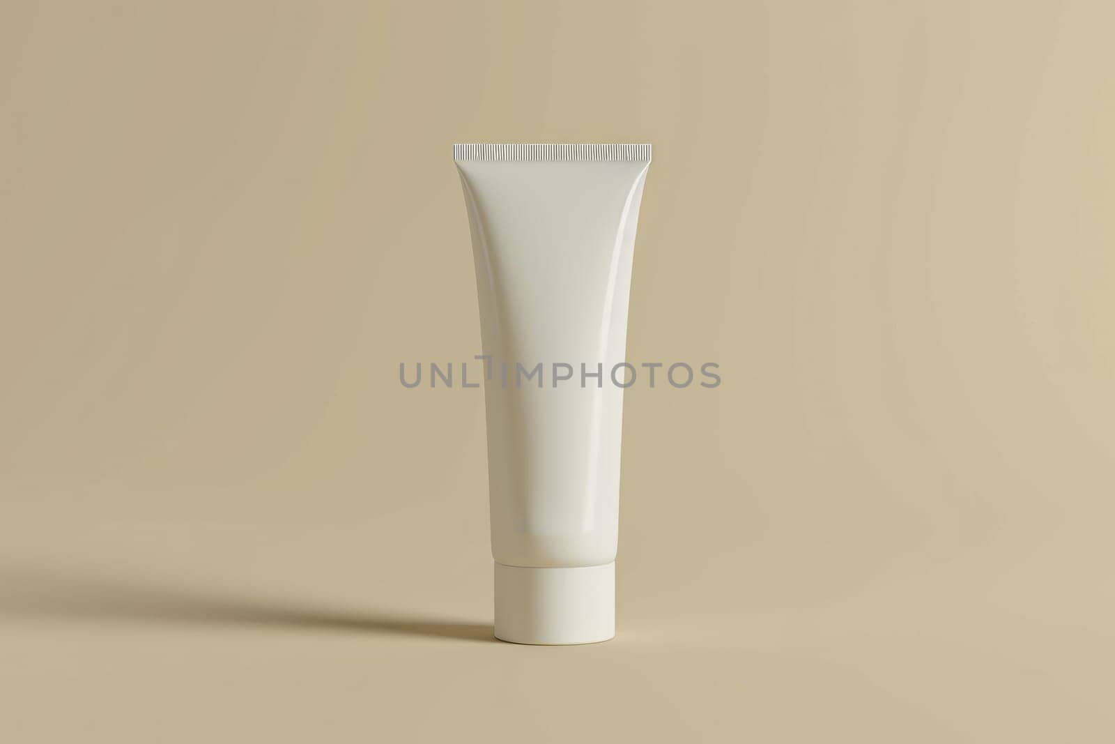 Mockup concept of a White cream tube standing on the cap on a beige background. Generative AI.