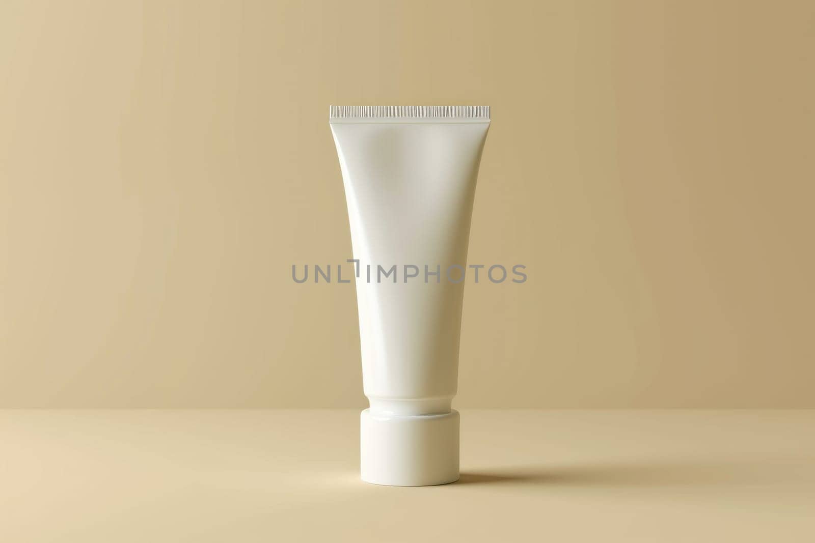 Mockup concept of a White cream tube standing on the cap on a beige background. Generative AI.