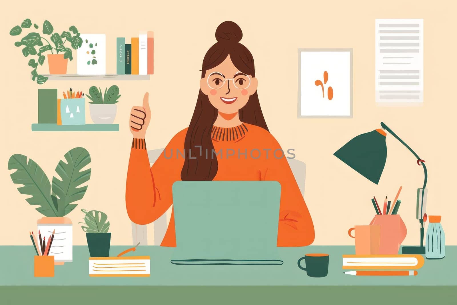 a girl sitting in the desk with a laptop on her lap showing thumbs up by golfmerrymaker