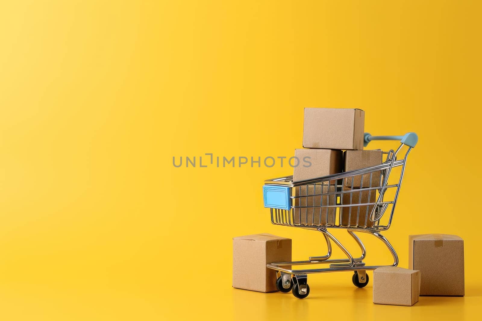 Shopping cart full of cardboard boxes on yellow background. Generative AI.