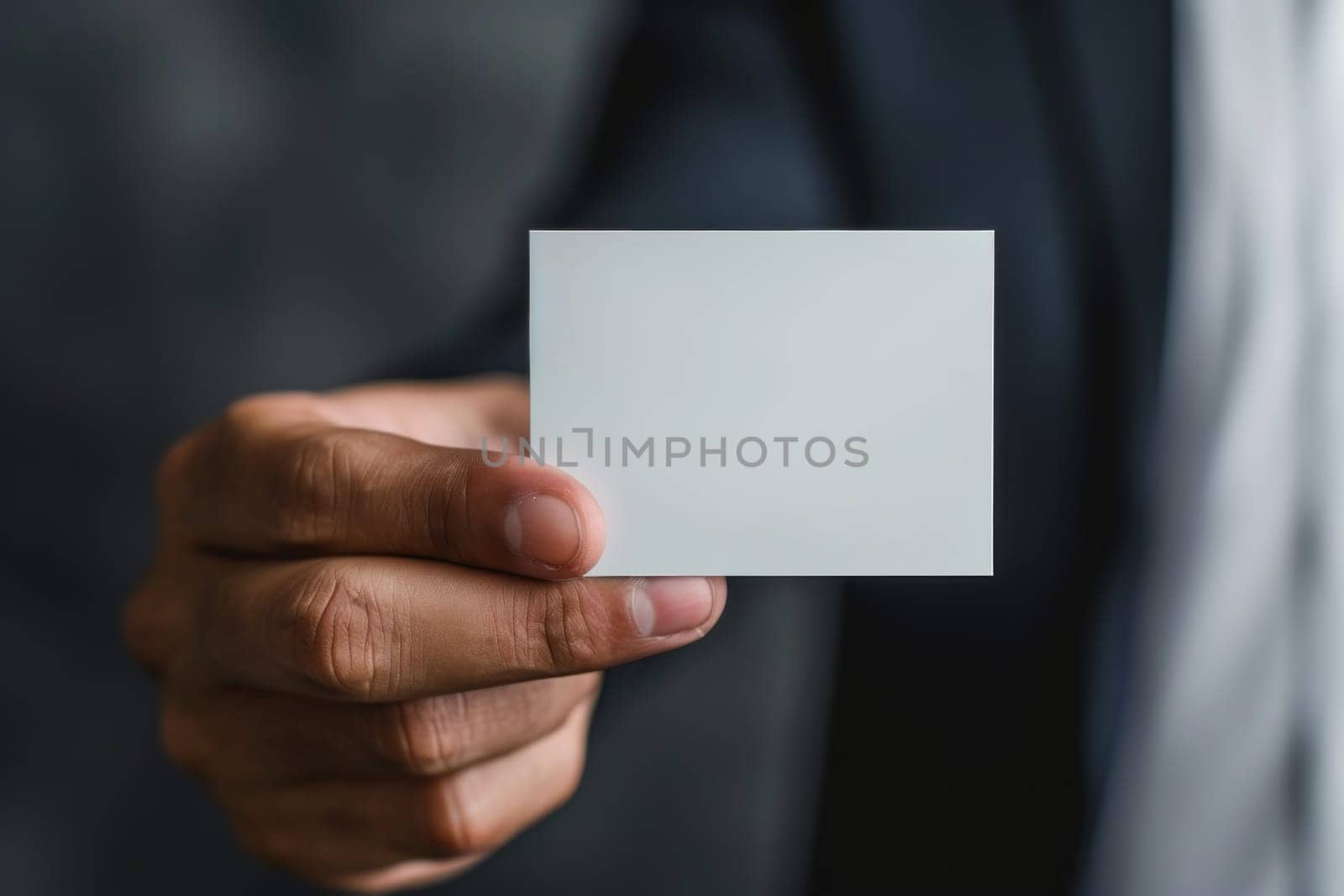 Male hand holding a blank business card. Generative AI.