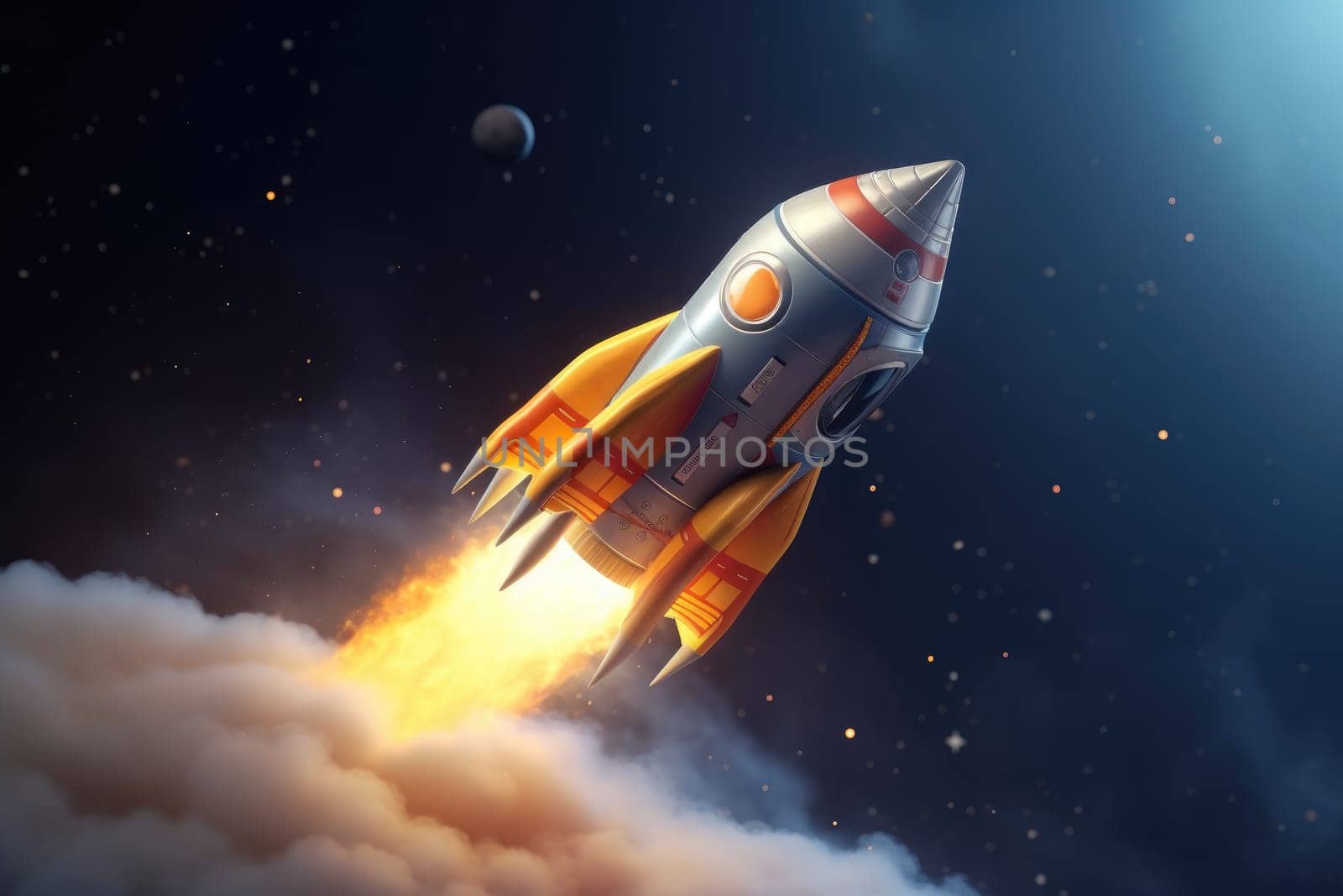 Space rocket toy which takes off in diagonal with smoke and clouds, 3D illustration, AI Generative by nijieimu