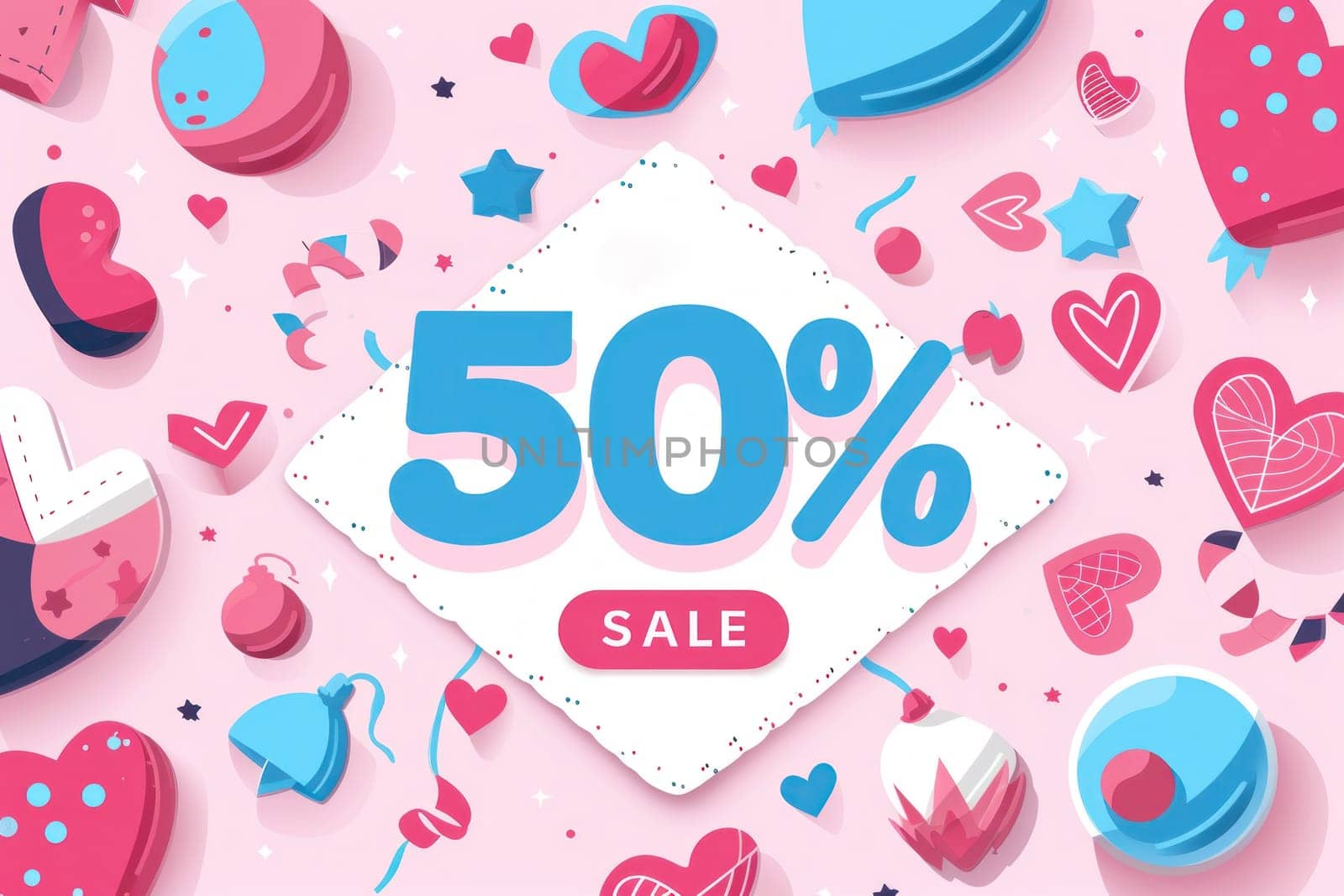 Flat illustrator, Sale 50 Off For Love Sale Banner Valentine Festival. Generative AI by golfmerrymaker