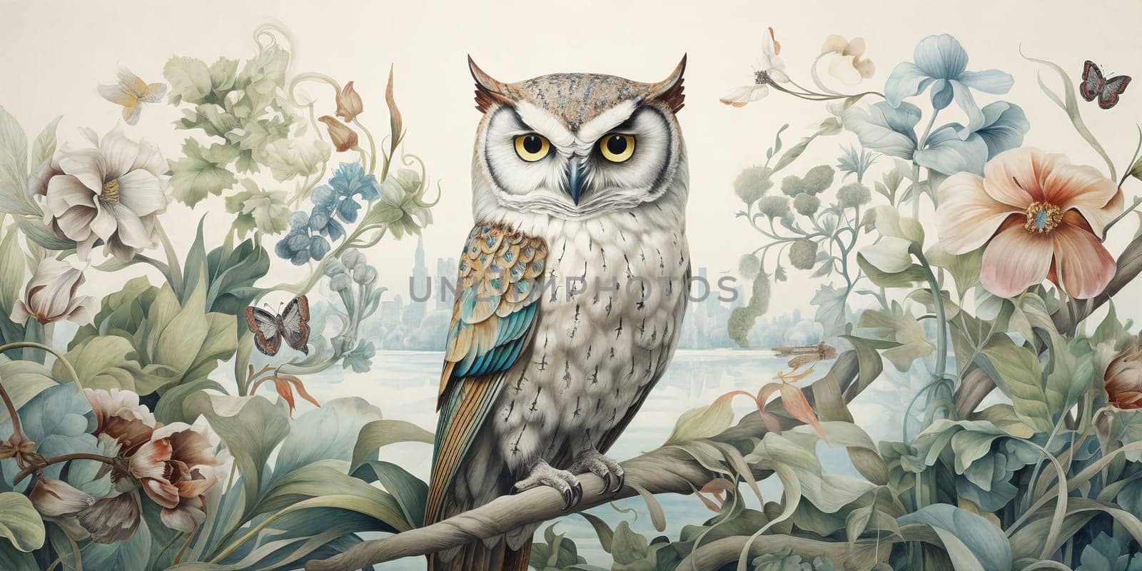 Majestic owl perched on a vibrant tree adorned with delicate flowers and fluttering butterflies.
