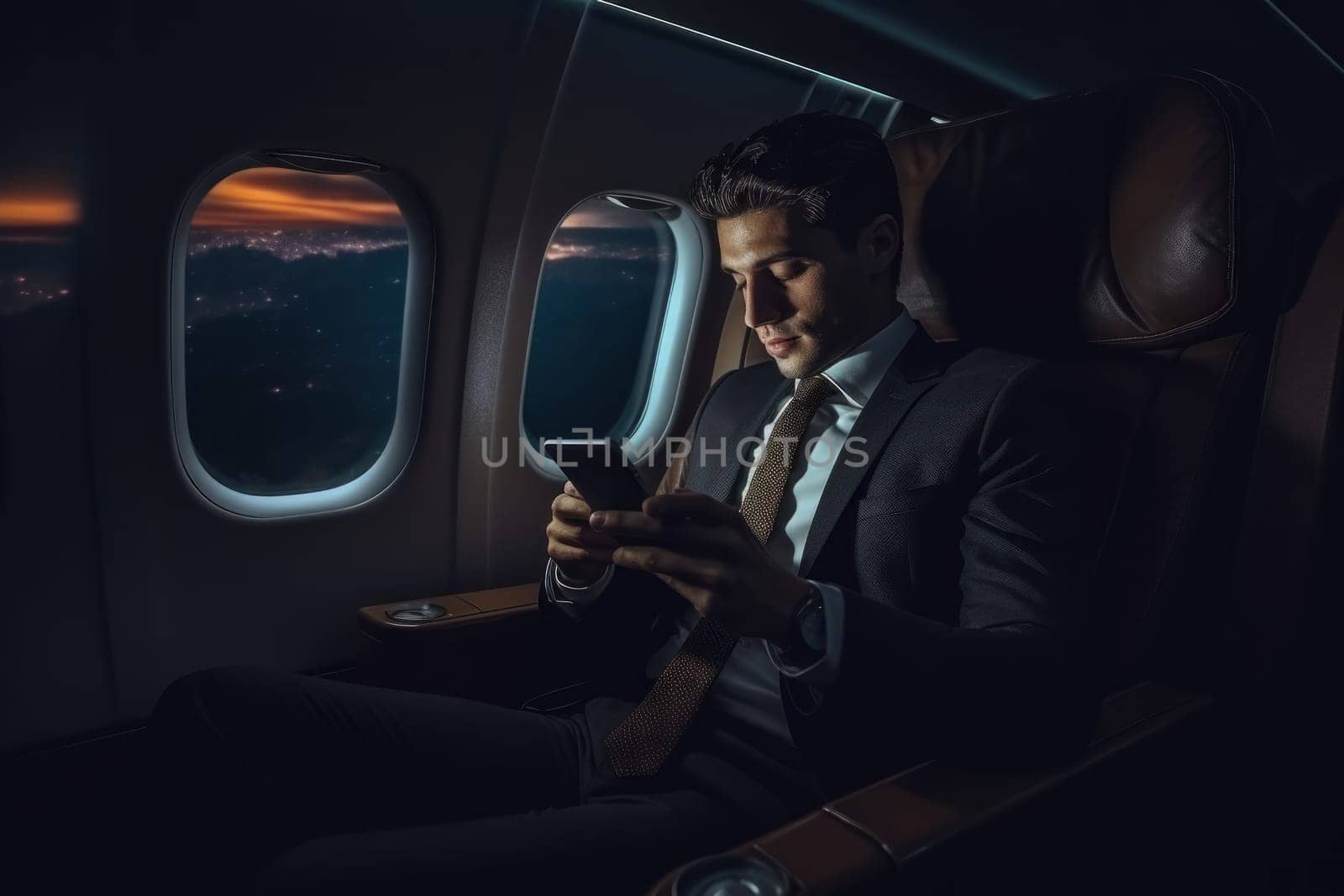 Portrait businessman sitting using smart phone inside airplane near the window, AI Generative by nijieimu