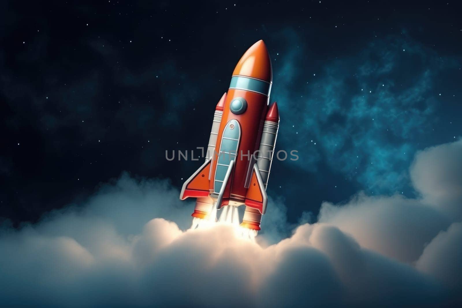Space rocket toy which takes off in diagonal with smoke and clouds, 3D illustration, AI Generative.