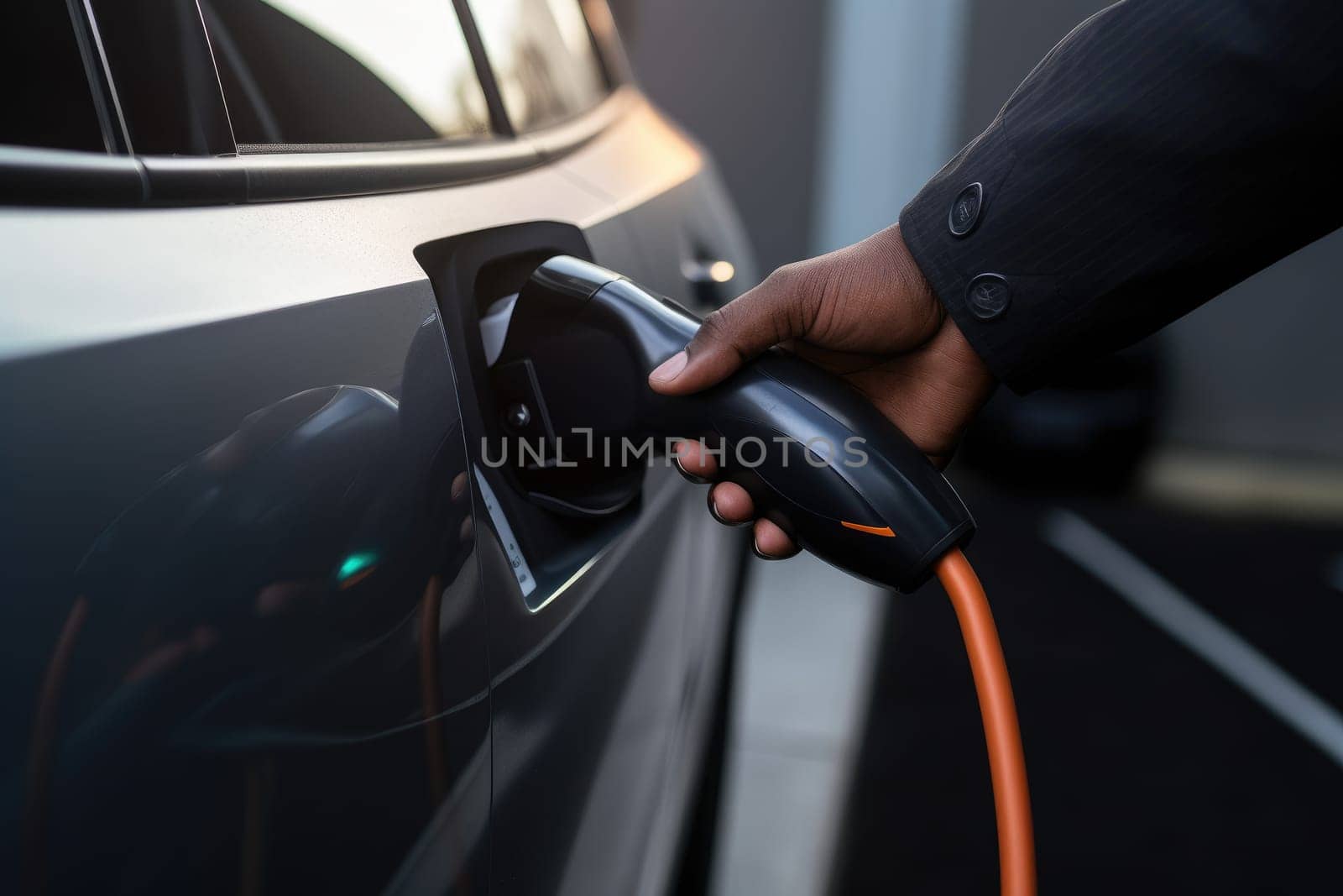 Electric car or EV is charging, Hand inserting EV charging plug to electric vehicle, AI Generative.