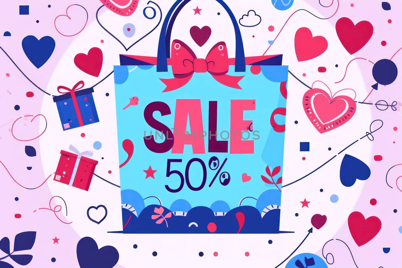 Flat illustrator, Sale 50 Off For Love Sale Banner Valentine Festival. Generative AI by golfmerrymaker