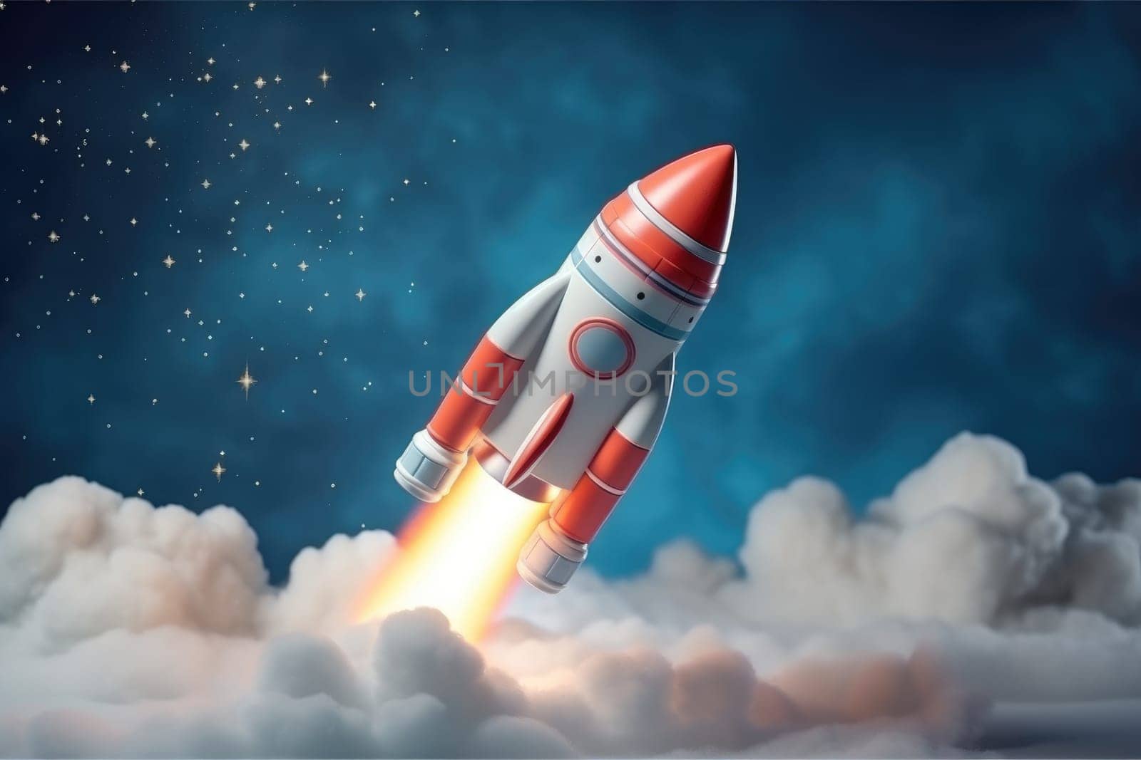 Space rocket toy which takes off in diagonal with smoke and clouds, 3D illustration, AI Generative.