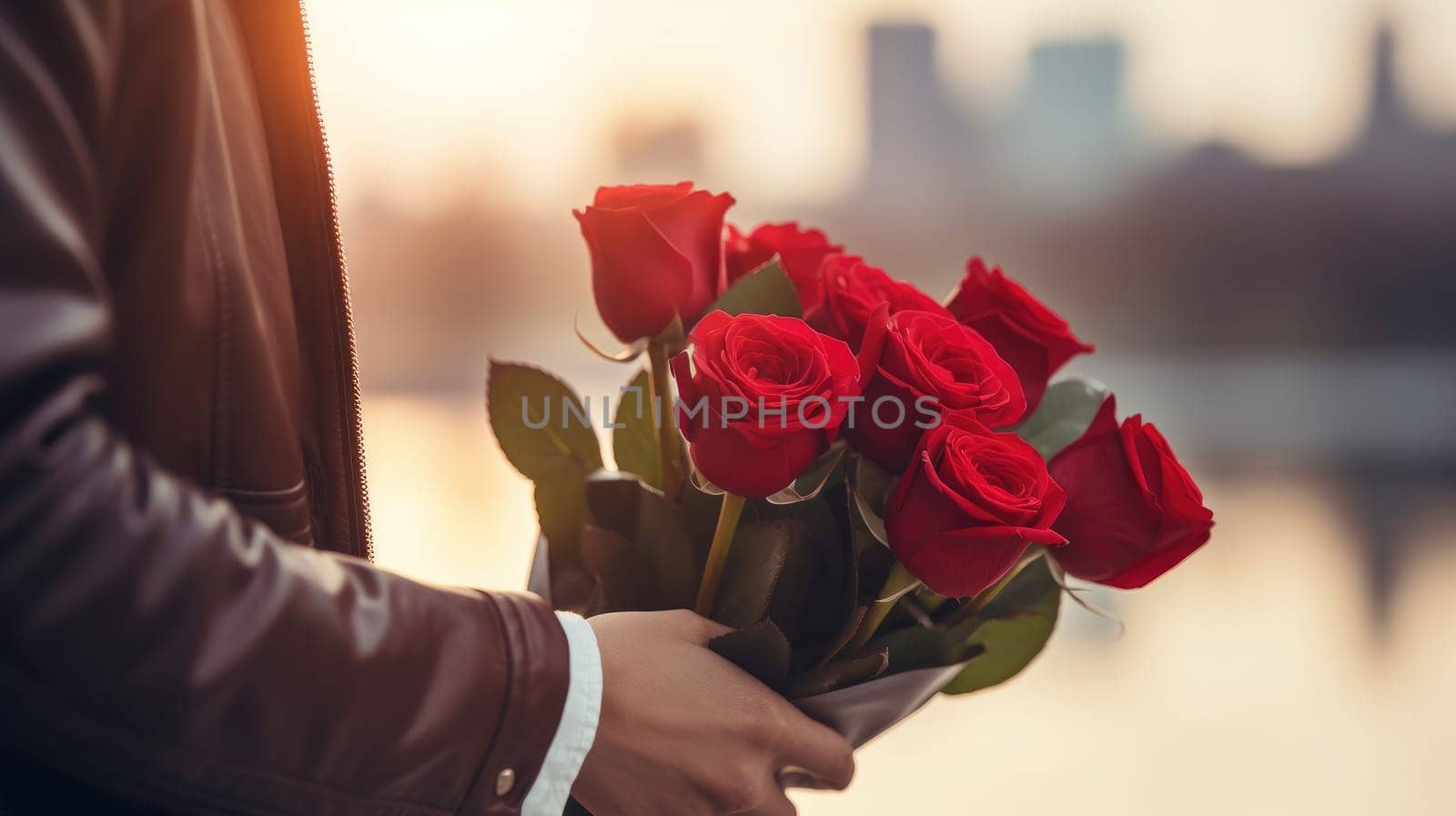 Man with red roses bouquet, Valentines Day, AI Generative.